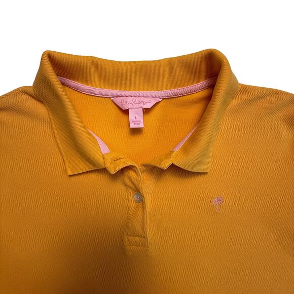 Lilly Pulitzer Women’s Orange Polo Shirt Pink Palm Tree Embroidery Pima Cotton L - Picture 3 of 7